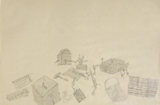 Laxma Goud BITS & SCRAPS SICKLE 1976 Pencil on paper 19 x 30 in. SOLD