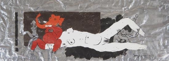 M. F. Husain FROLICKING GANESH 1974 Acrylic on foil 19 x 53 in.