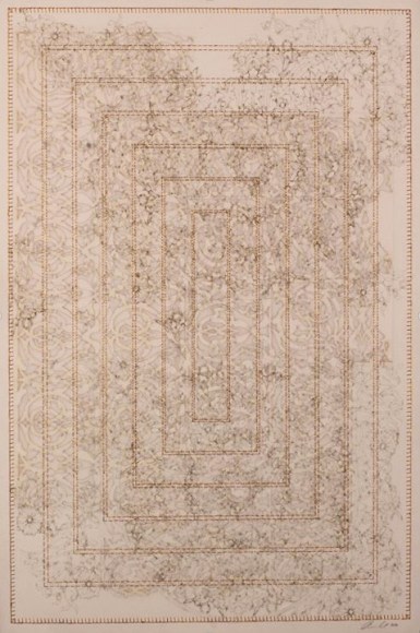 Anila Quayyum Agha Antique Lace - 3 2016 Laser-cut patterns on paper with mylar, encaustic and embroidery 30 x 22 in.
