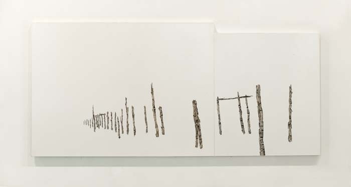 Saad Qureshi Uneasy Landscape 2009 Pencil, newspaper, gloss paint on canvas 103.2 x 48 in.