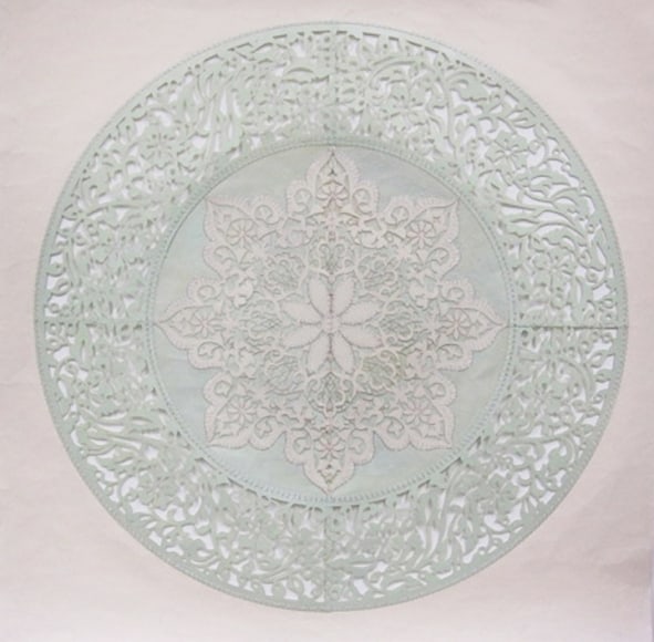 Anila Quayyum Agha All the Flowers Are for Me (Mint) 2015 Embroidery and encaustic on laser-cut paper 30 x 30 in.