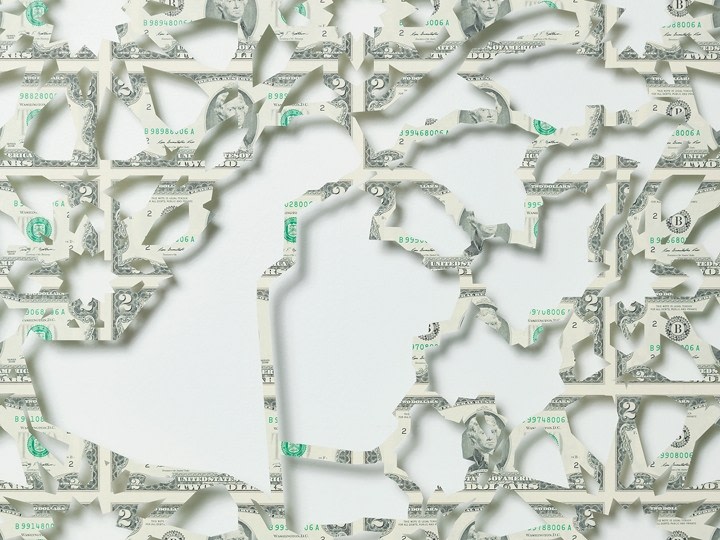 Abdullah M. I. Syed Mapping Investment: Saudi Arabia (Detail 2) 2017 Hand-cut U.S. $2 banknote sheet and banknote collage with acrylic on wasli 20.50 x 50.50 in