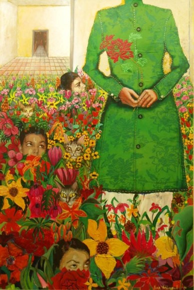 Sana Arjumand JINNAH IN A GARDEN WITH COLOUR BLIND CATS 2006 Mixed media on canvas 72 x 48 in. SOLD