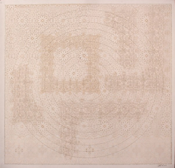 Anila Quayyum Agha Shimmering Memories - 1 Mixed media on paper (Laser-cut patterns on paper with mylar, embroidery and beads) 39.5 x 39.5 in.