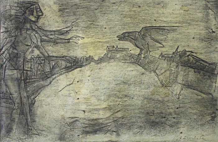 K. Laxma Goud MAN AND BIRD Mixed media on paper 13.5 x 20.5 in. SOLD