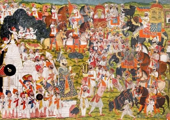 A Maharaja Admidst a Festival Scene Northern India, Mewar c.1780 Opaque watercolor heightened with gold on wasli 10.875 x 15.375 in.