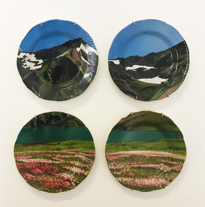 Adeela Suleman Untitled (Plate Group -2), 2017 Found Vintage Ceramic Plates with Enamel Paint and Hardener (x4) 4x 7 in x 7 in plates, hung in a square format