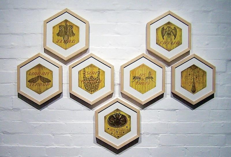 Abdullah M. I. Syed BUZZWORDS (Ed. of 12) 2009 Etching, photo-transfer and aquatint on paper 7 x 8.5 in. (x7)