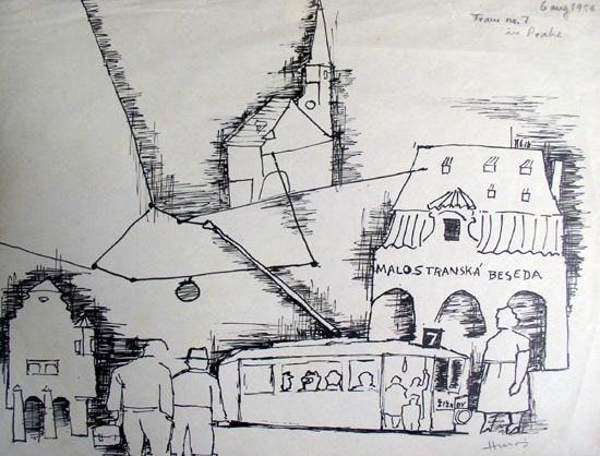 M. F. Husain TRAIN NO. 7 IN PRAHA 1960 Ink on paper 10.5 x 13.5 in.
