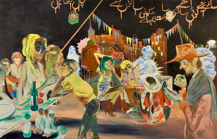 Salman Toor Rooftop Party With Ghosts 3 (Triptych) 2015 Oil on canvas 46.5 x 72 in.