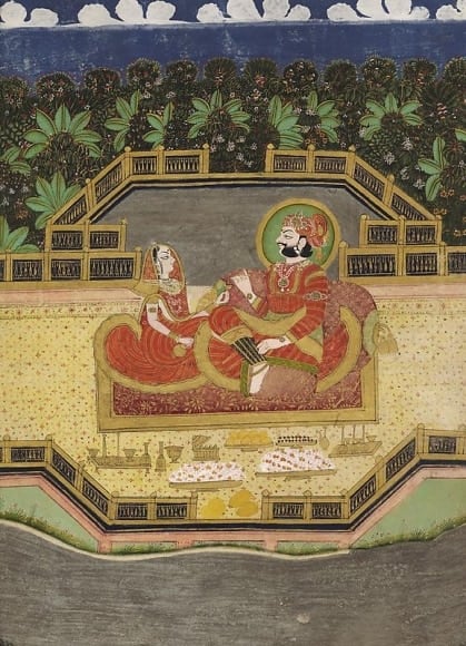 Maharaja Takhat Singh and Consort Norther India, Rajasthan, Jodhpur, Mawar School c. 1845-50 Opaque watercolor and gold on wasli 10.25 x 13.625 in. NFS