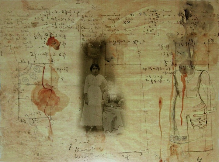 Anoli Perera Sewing Book Series I 2013 Print on Hahnemühle photo rag archival paper, with watercolor, ink and acrylic 15 x 20 in