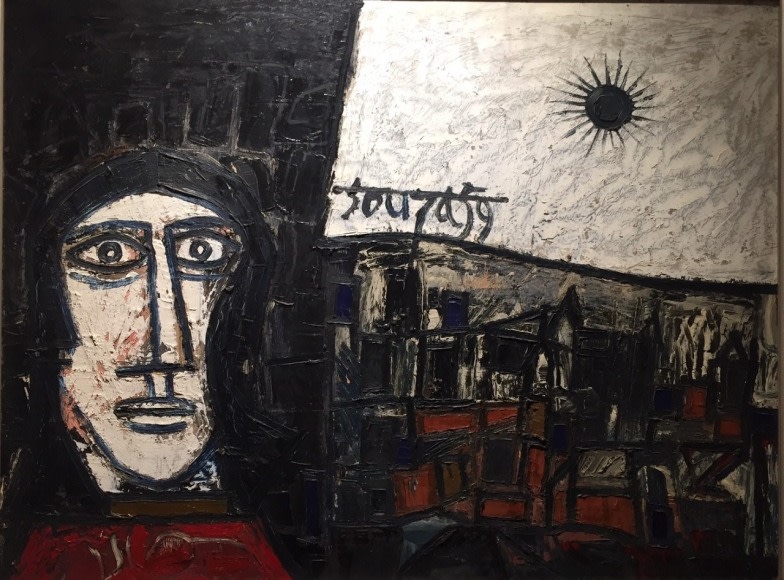 F.N. Souza Untitled (Landscape and Face) 1959 Oil on board 29 x 37.5 in.