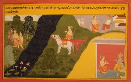 Illustration to the Ramayana 1 Northern India, Rajasthan, Udaipur, Mewar School c. 1710 Opaque watercolor heightened with gold on wasli 10.5 x 16.5 in.