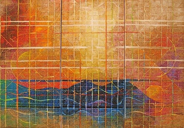 Vandana Shourie INWARD JOURNEY 9 - AHIR BHAIRAV (TRIPTYCH) Acrylic on canvas 36 x 48 in.