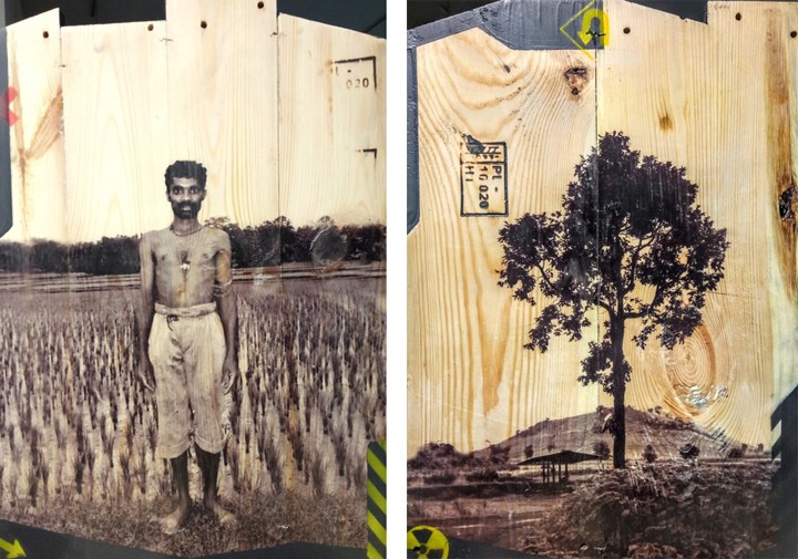 Arunkumar H.G. Vulnerable Guardians Series (Pair 5) 2018 Digital print, floor paint and clear coat on reclaimed wood 20 x 14 in. (Each)