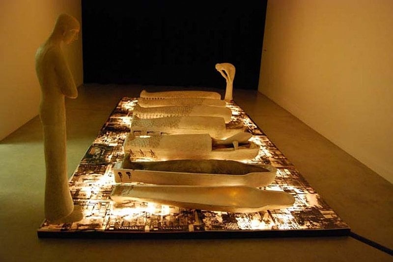 Adip Dutta REQUIEM 2000 Fiberglass, printed acrylic sheets and lights 96 x 192 in.