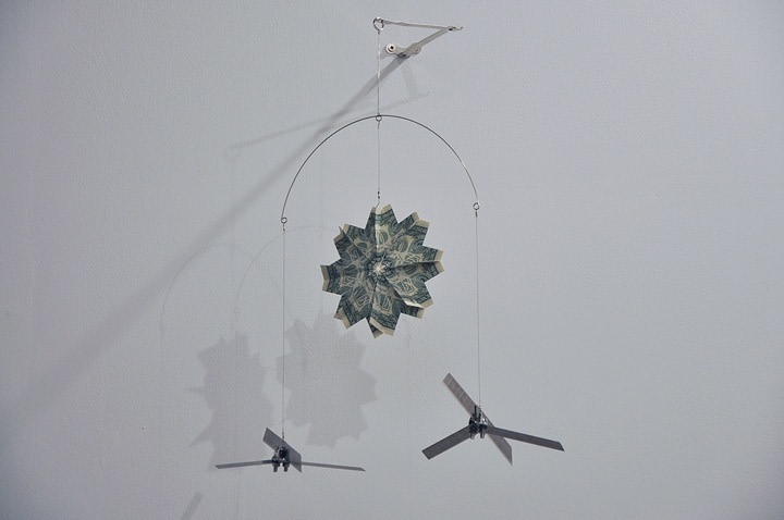 Abdullah M. I. Syed Twinkle Twinkle Little Drone - III 2016 Altered toy mobile, banknotes, stainless steel, plastic and metal wire 20 x 18 in