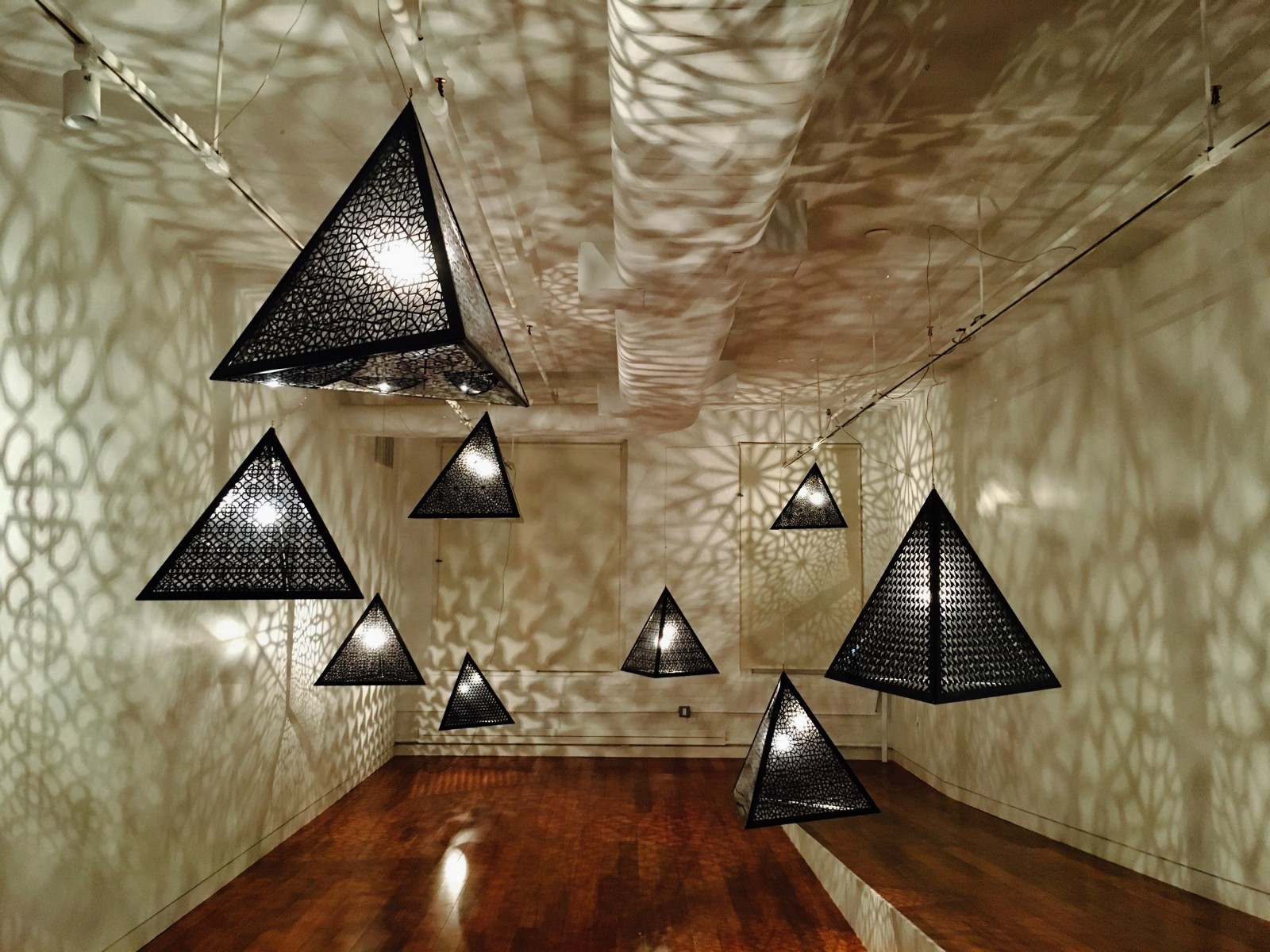 Anila Quayyum Agha Alhambra Nights (Installation) 2016 Printed acrylic and bulbs 30 x 27 x 30 in. (x9)