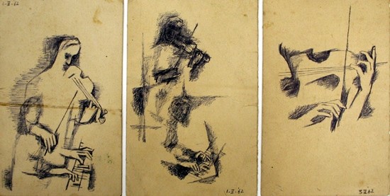M. F. Husain Untitled (Three Musicians) 1962 Ink on paper 5 x 10.5 in.