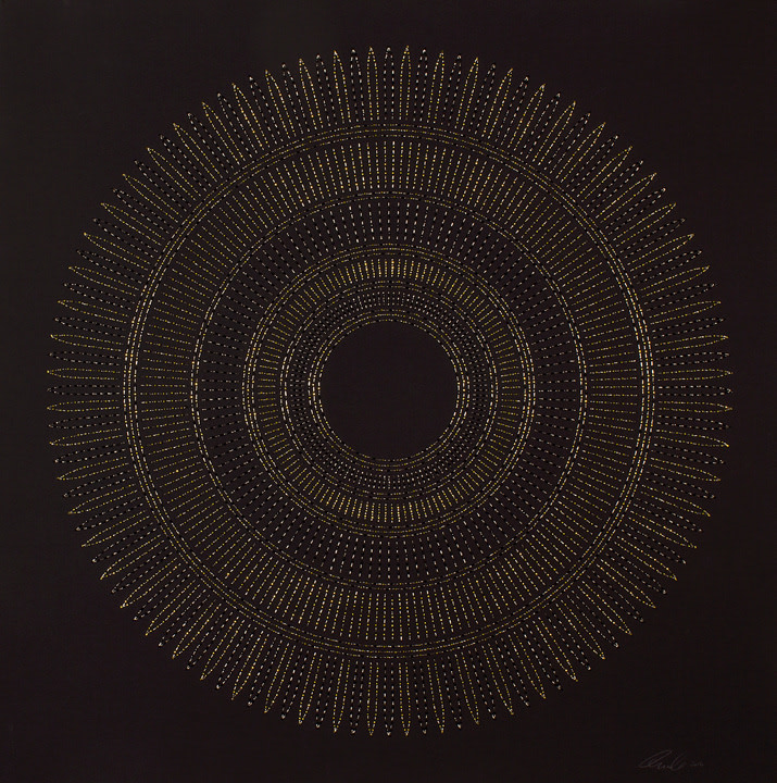 Anila Quayyum Agha Circle The Kaaba (Chartreuse) 2016 Mixed media on paper (Black and chartreuse beads and embroidery on black paper) 29 x 29 in.