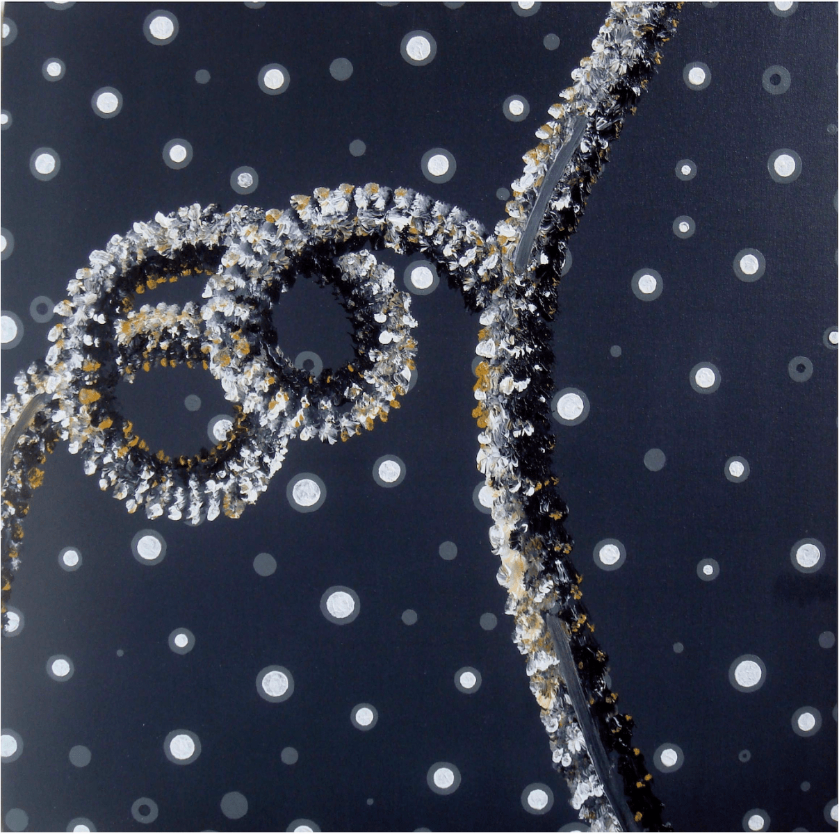 small acrylic painting with a swirly plant with a navy blue background and white dots