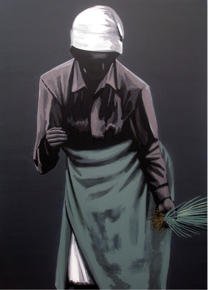 acrylic painting of a black woman holding a plant and wearing a green skirt and brown shirt on a dark gray background