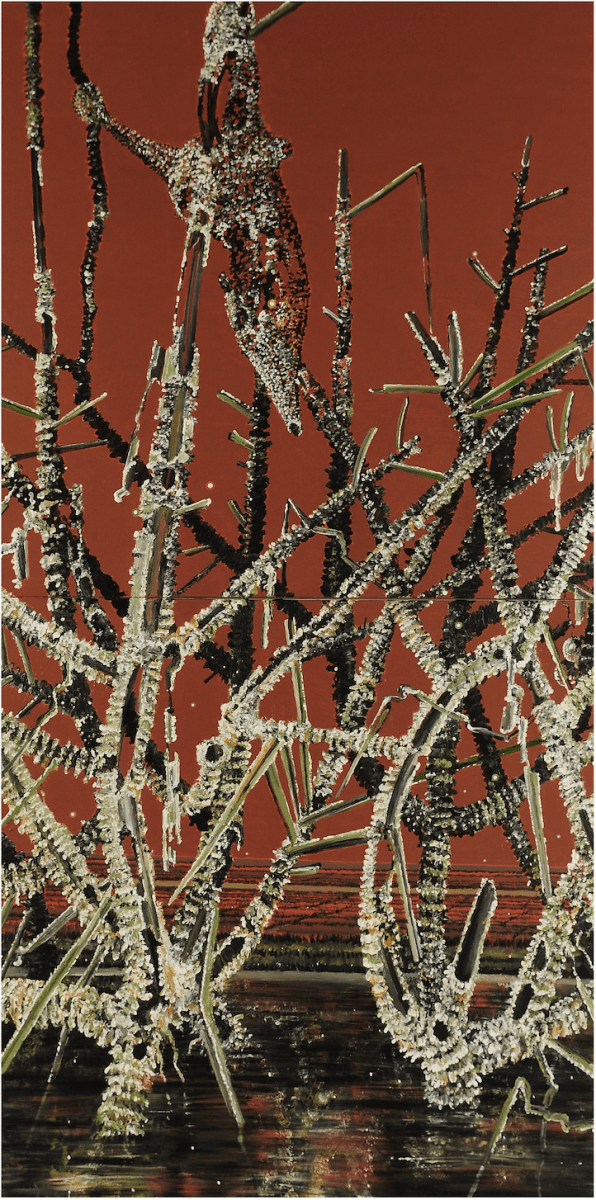 acrylic painting of spiky plans in a monsoon with rust orange background