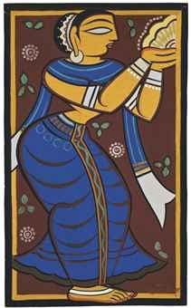 Jamini Roy UNTITLED (WORSHIPPER) ca. 1947 Gouache on card 25 x 15 in.
