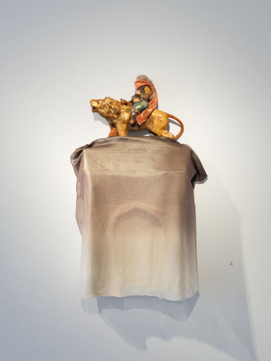 Ruby Chishti Ghost - Victory Arch 2020 Wire mesh, polyester, apoxy clay, gold leaf, fabric, paint , and archival glue on board 40h x 21w x 7d in