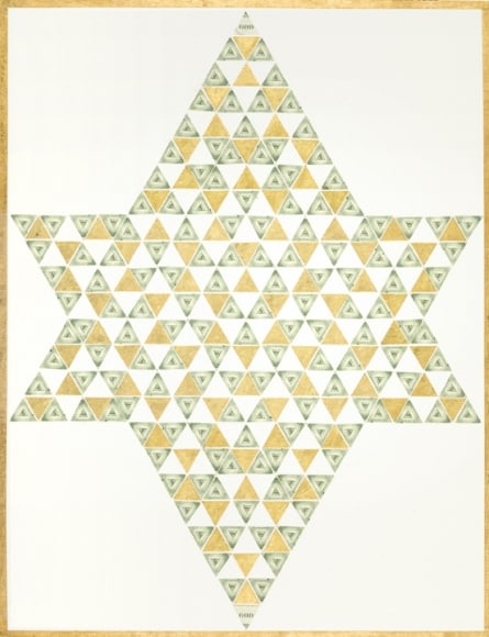 Abdullah M. I. Syed Illuminated Prisms Manuscript I: Pg. 5 (Detail) 2017 Hand-cut U.S. $1 banknotes collage and 24k gold on Illustration board 22.75 x 15 in
