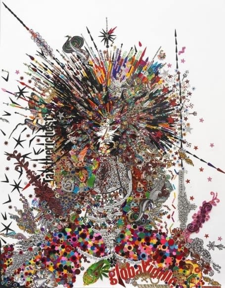 Chila Kumari Burman GLOBAL FIDDLE 2009 Medium bindis, Indian and Thai stickers,flourescent glitter, collage, gold leaf, fake gems, felt tip and inkjet on Somerset velvet 30 x 22 in