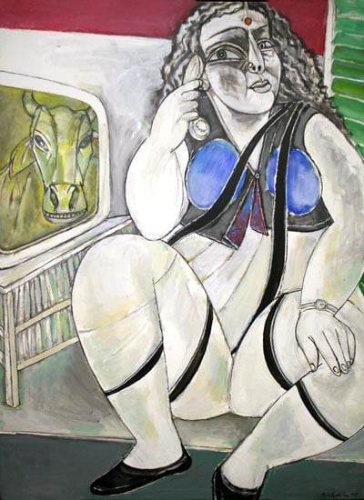 Paritosh Sen, Woman on Phone, 1998, Oil on canvas, 48 x 36 in