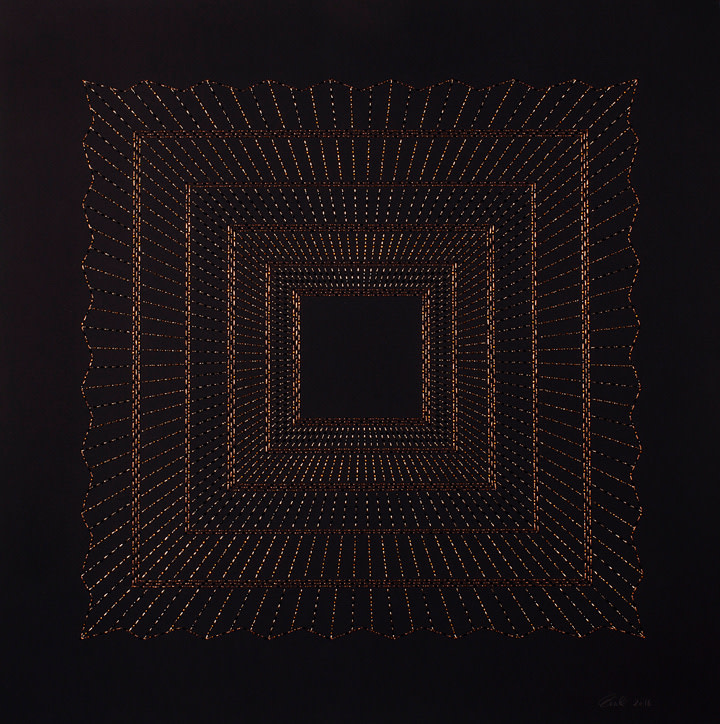 Anila Quayyum Agha Kaaba - Copper 2016 Mixed media on paper (Black and copper beads and embroidery on black paper) 29 x 29 in.
