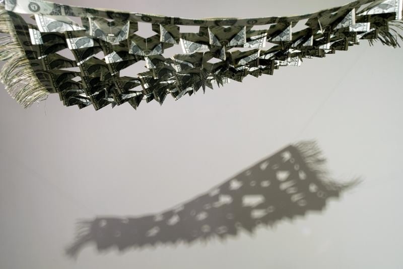 Abdullah M. I. Syed THE FLYING RUG IV 2011 Folded U.S. one dollar bills and staple pins 24 x 38 in.