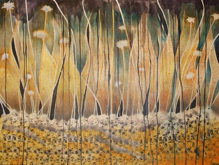 Nitin Mukul GIGER COUNTER 2014 Oil, acrylic and tea stain on canvas 36 x 48 in.