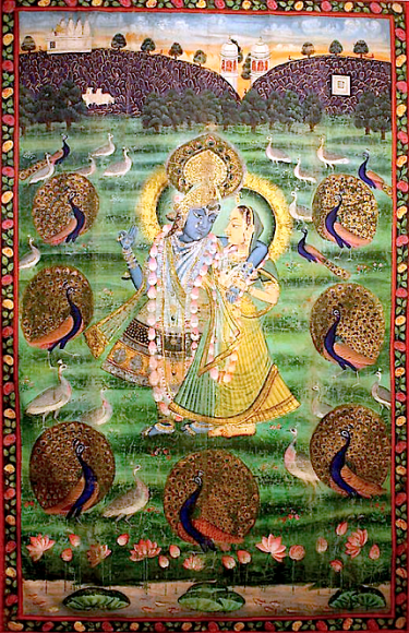 Picchvai (Temple Hanging) Depicting Krishna and Radha in a Garden with Peacocks India c. 19th century Painting on cloth 64 x 41 in. NFS