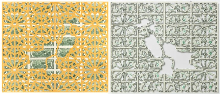 Abdullah M. I. Syed Mapping Investment: Pakistan (Diptych) 2017 Hand-cut U.S. $2 banknote sheet and banknote collage with acrylic on wasli 20.25 x 50.25 in.