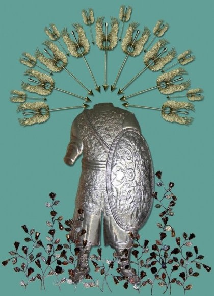 Adeela Suleman GARDEN SOLDIER (Ed. of 2) 2015 Stainless steel and found objects Figure: 63 x 31 in., Lg. Arrows: 24 x 7 in., Sm. Arrows: 12 x 4 in. Roses: Variable