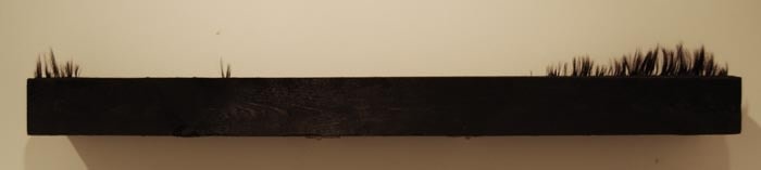 Saad Qureshi TOWARDS MEANING 2010 Burnt railway sleeper and human hair 4 x 47 x 6 in.