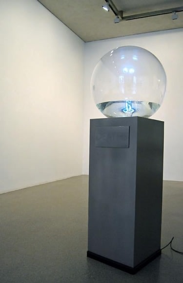 Simon Tegala A MATTER OF LIFE AND DEATH (2 pieces) 2010 Acrylic sphere, steel, water, electronic componants Sphere: 24 in diameter each, base: 43 x 18 x 18 in each