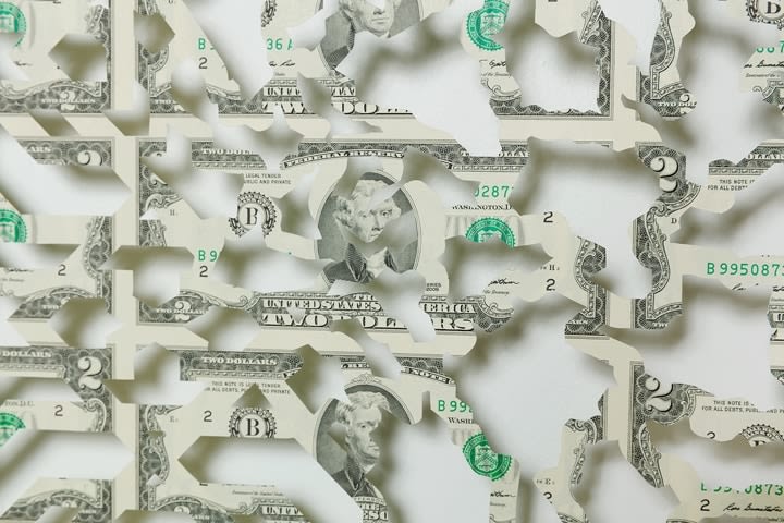 Abdullah M. I. Syed Mapping Investment: Afghanistan (Detail 1) 2017 Hand-cut U.S. $2 banknote sheet and banknote collage with acrylic on wasli 20.25 x 50.25 in