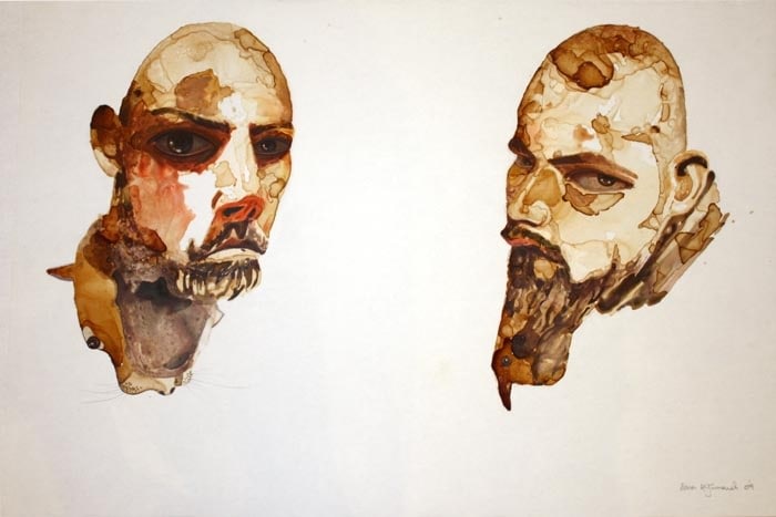 Sana Arjuma A HUNDRED THOUSAND YEARS OF GROWING BEARDS - I 2009 Coffee and acrylic paint on mylar film 24 x 36 in. SOLD