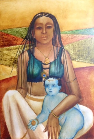 Anjolie Ela Menon Yashoda & Krishna 2016 Oil on masonite board 36 x 24 in.