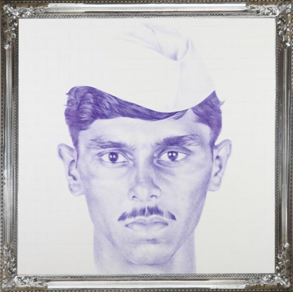 Bose Krishnamachari MUMBAIYA 2008 Ballpoint pen, drawing on silk canvas, cine-screen and aluminum 80 x 80 in.