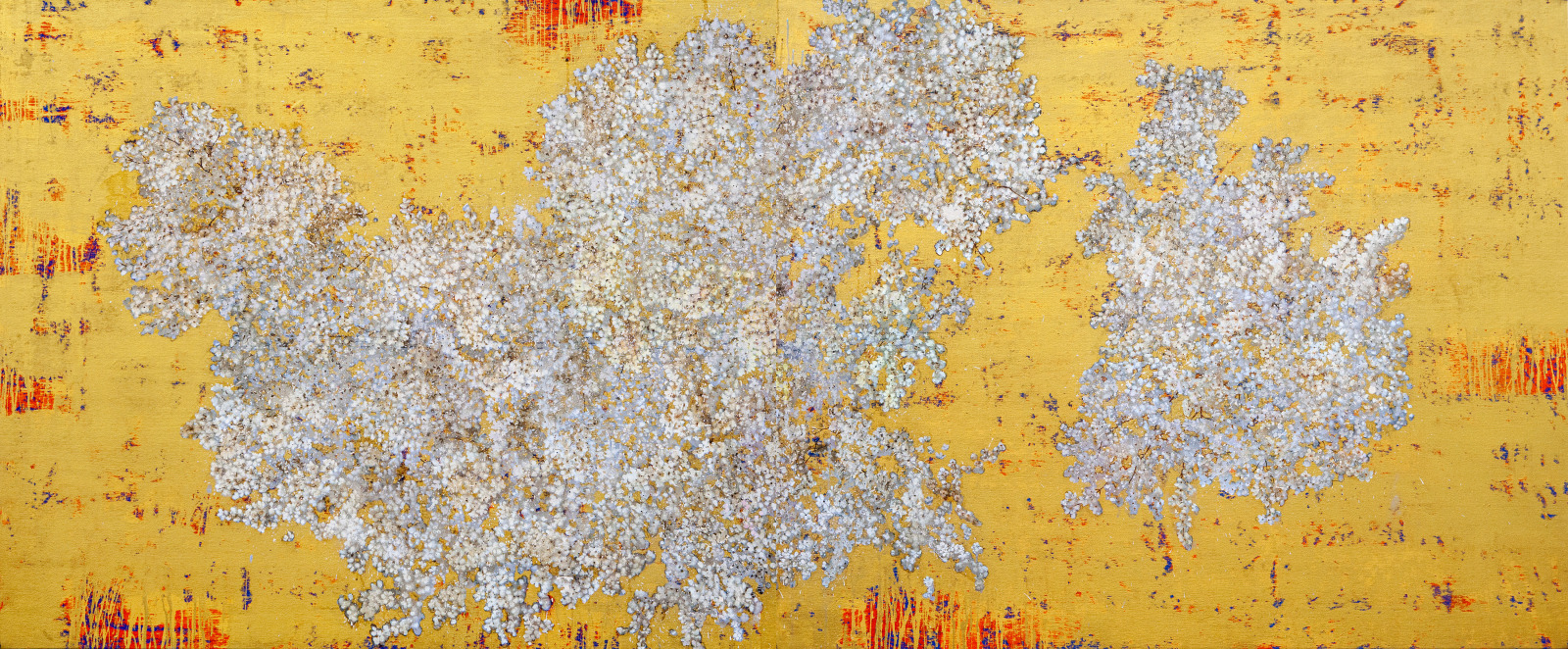 G. R. Iranna Floating Flowers, 2022 Acrylic and gold foil on canvas 54h x 132w in