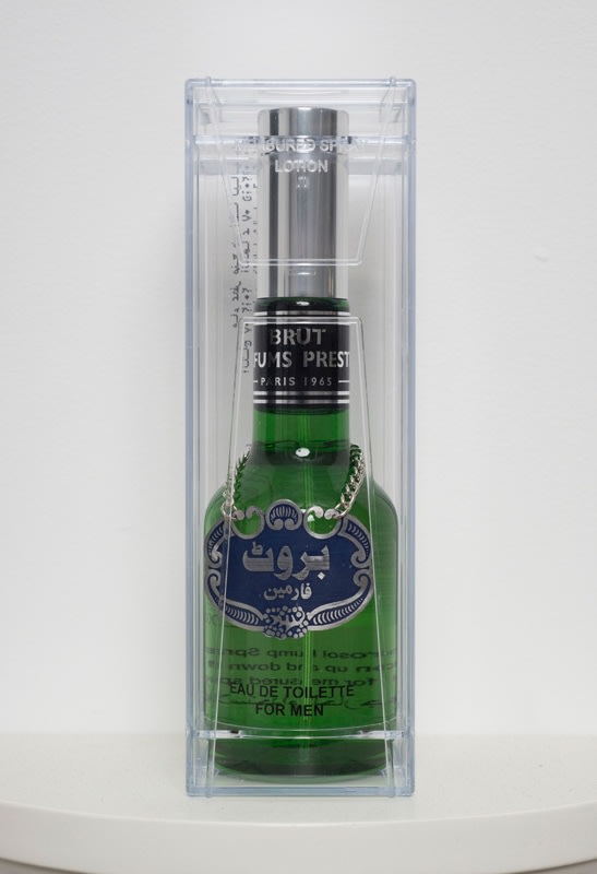 Abdullah M. I. Syed The Essence of Men, Limited Edition on Sale II (Ed. of 5) Hand-beaten and galvanised medallion, altered Brut for Men packaging, and Martha Stewart Living Solutions Floating Picket Fence 9 inches Small Half-Circle Collector's Shelf 7 x 2.5 x 2.5 in. (Bottle & Packaging)