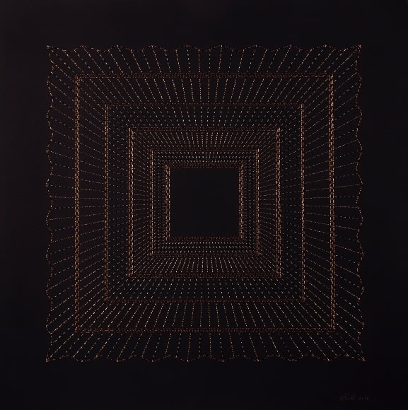 Anila Quayyum Agha Kaaba - Copper 2016 Mixed media on paper (Black and copper beads and embroidery on black paper) 29 x 29 in.