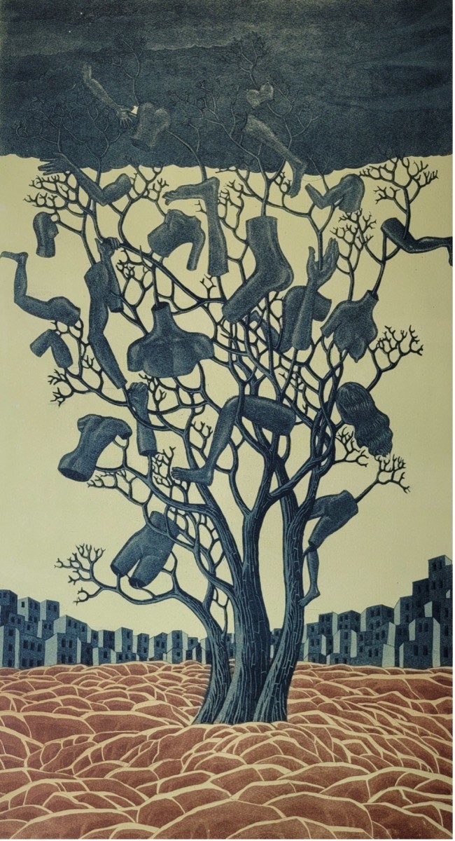 Gigi Scaria Waq waq tree, 2022 Etching on Somerset paper 36h x 20w in 1 of 20