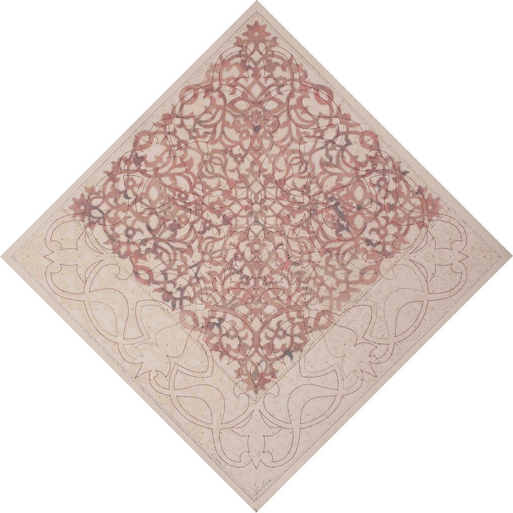 Anila Quayyum Agha I Will Find the Flowers 2016 Mixed media on paper (Laser-cut patterns on paper with mylar, encaustic, embroidery and pink and silver beads) 29 x 29 in.